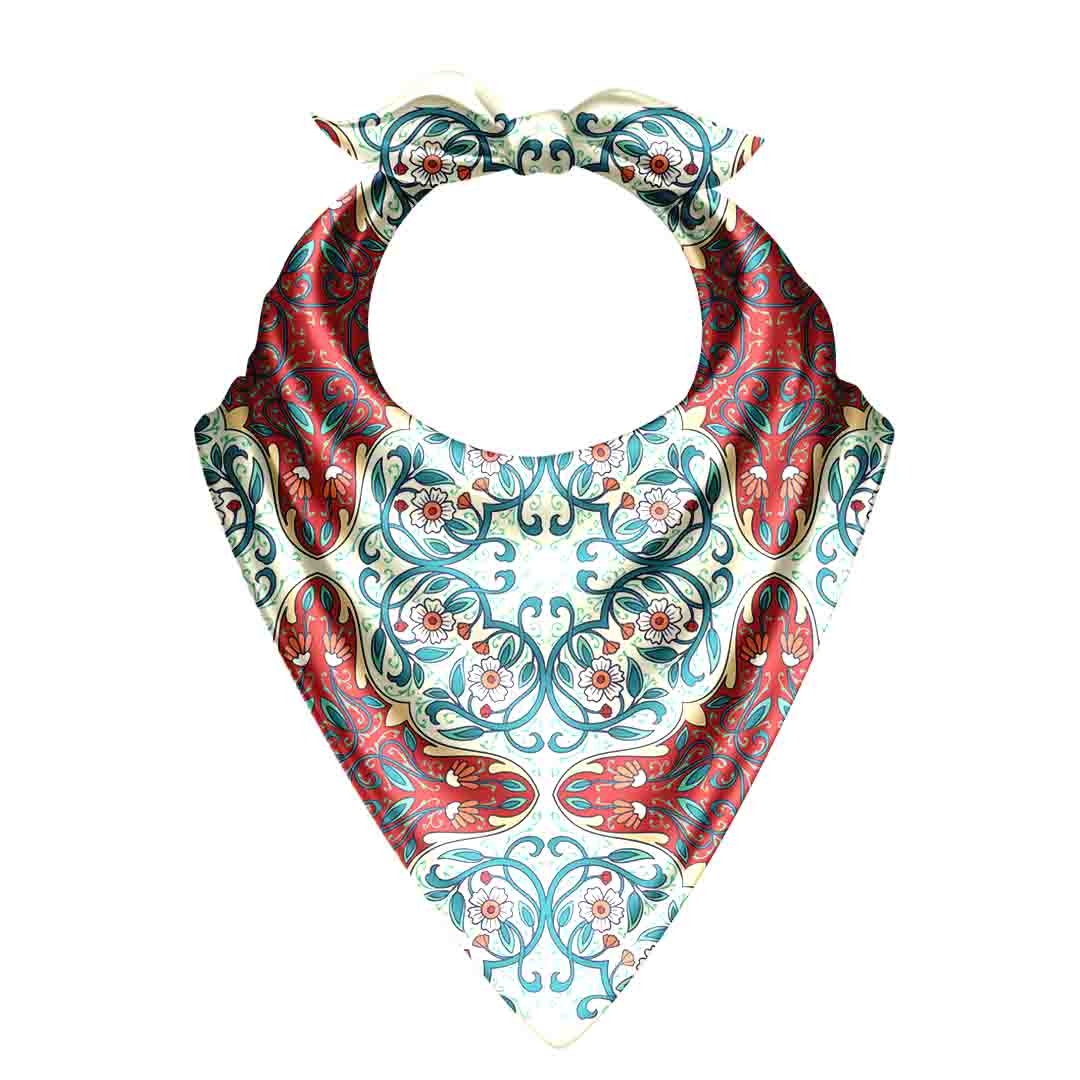 Decorative bandana with intricate floral pattern on a white background