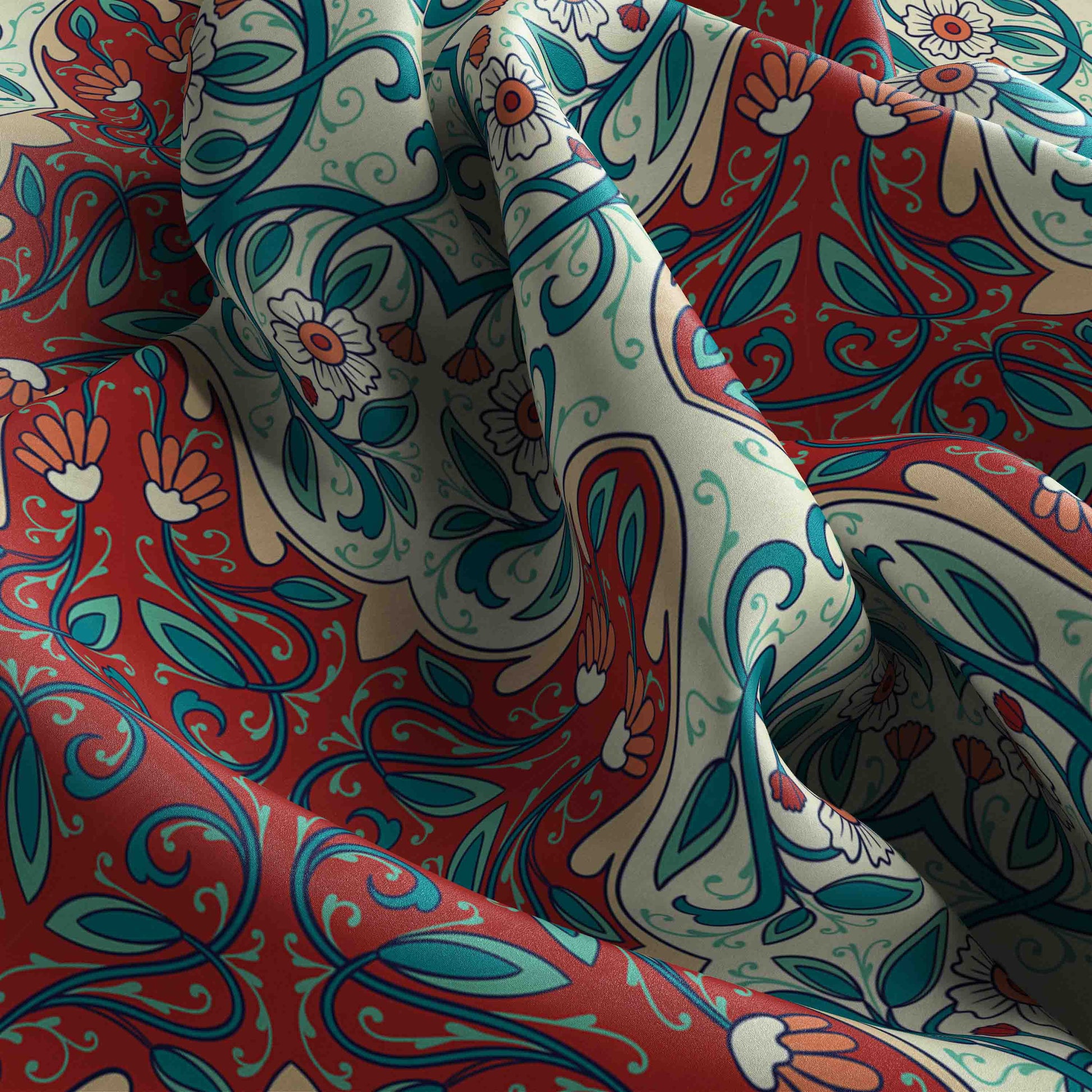 Colorful fabric with intricate paisley pattern in red, blue, and white.