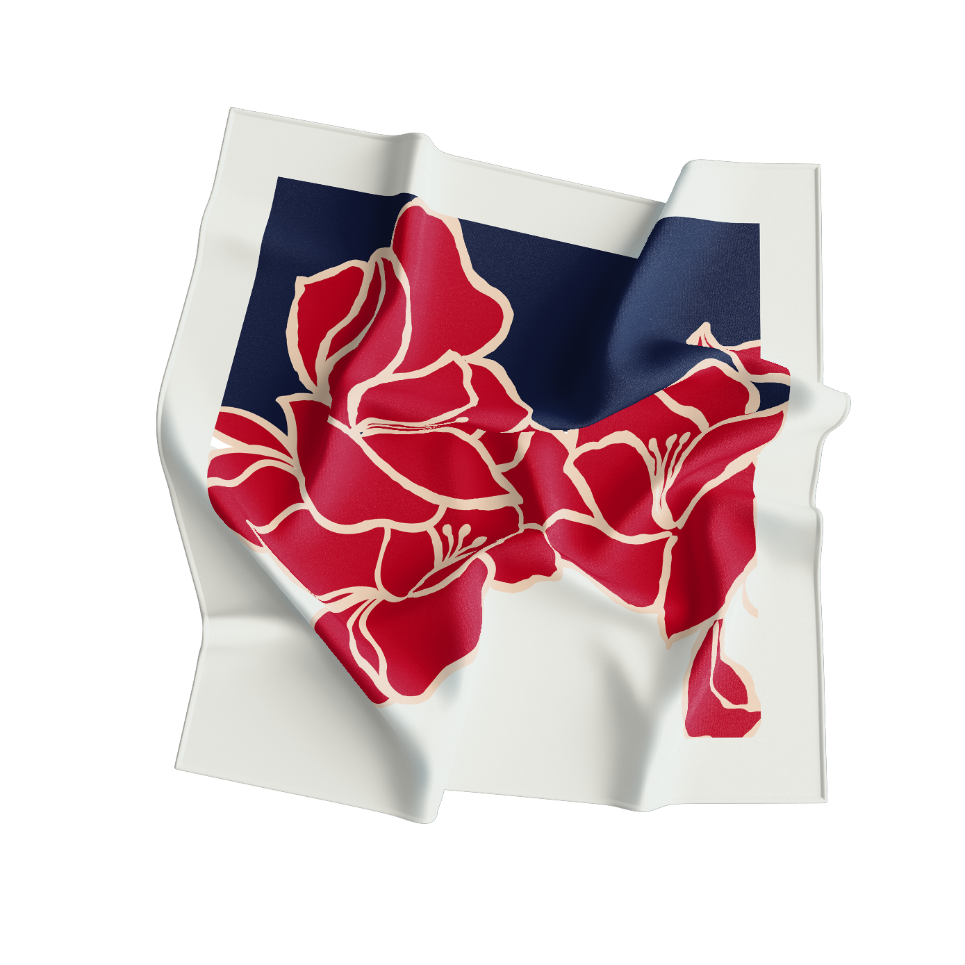 Floral patterned fabric with red and white flowers on a blue and white background