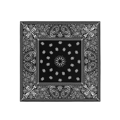 Black bandana with white paisley pattern on a white background