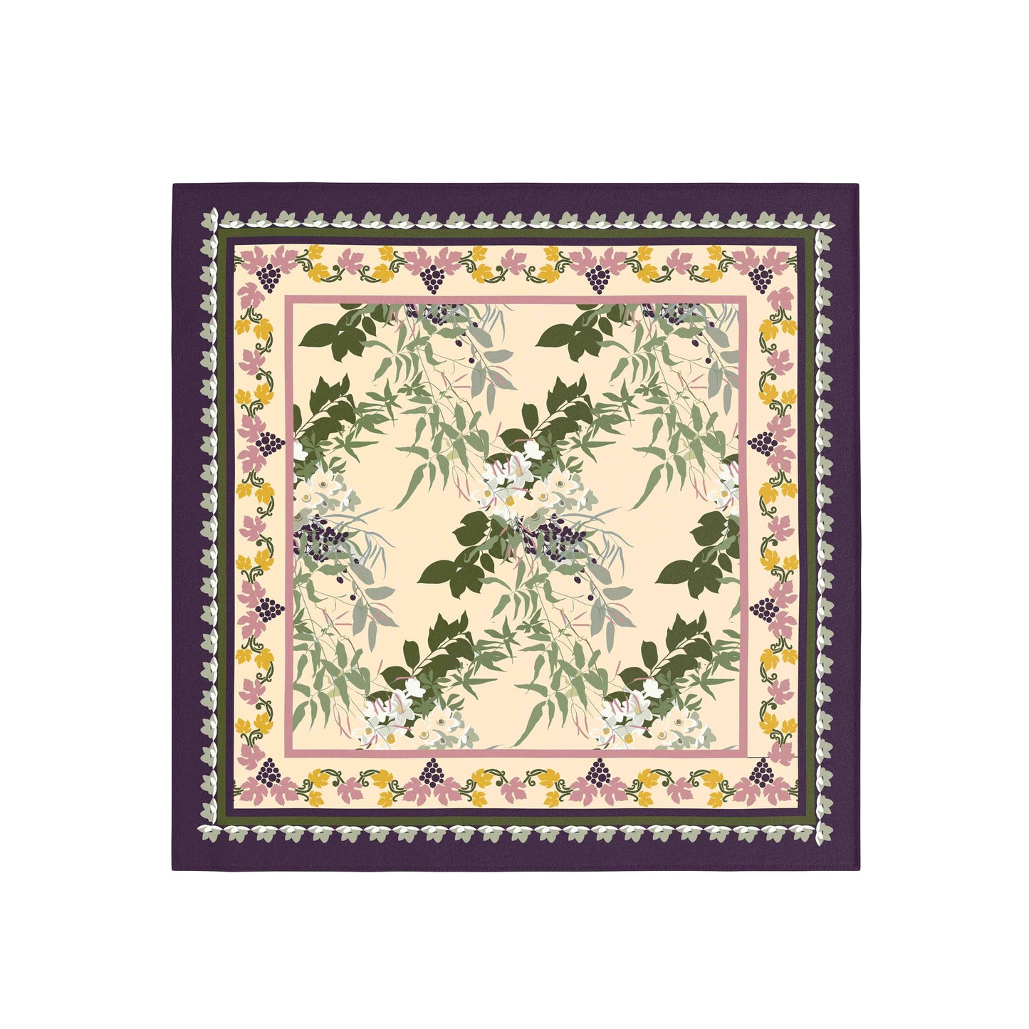 Scarf with floral and leaf pattern on a white background