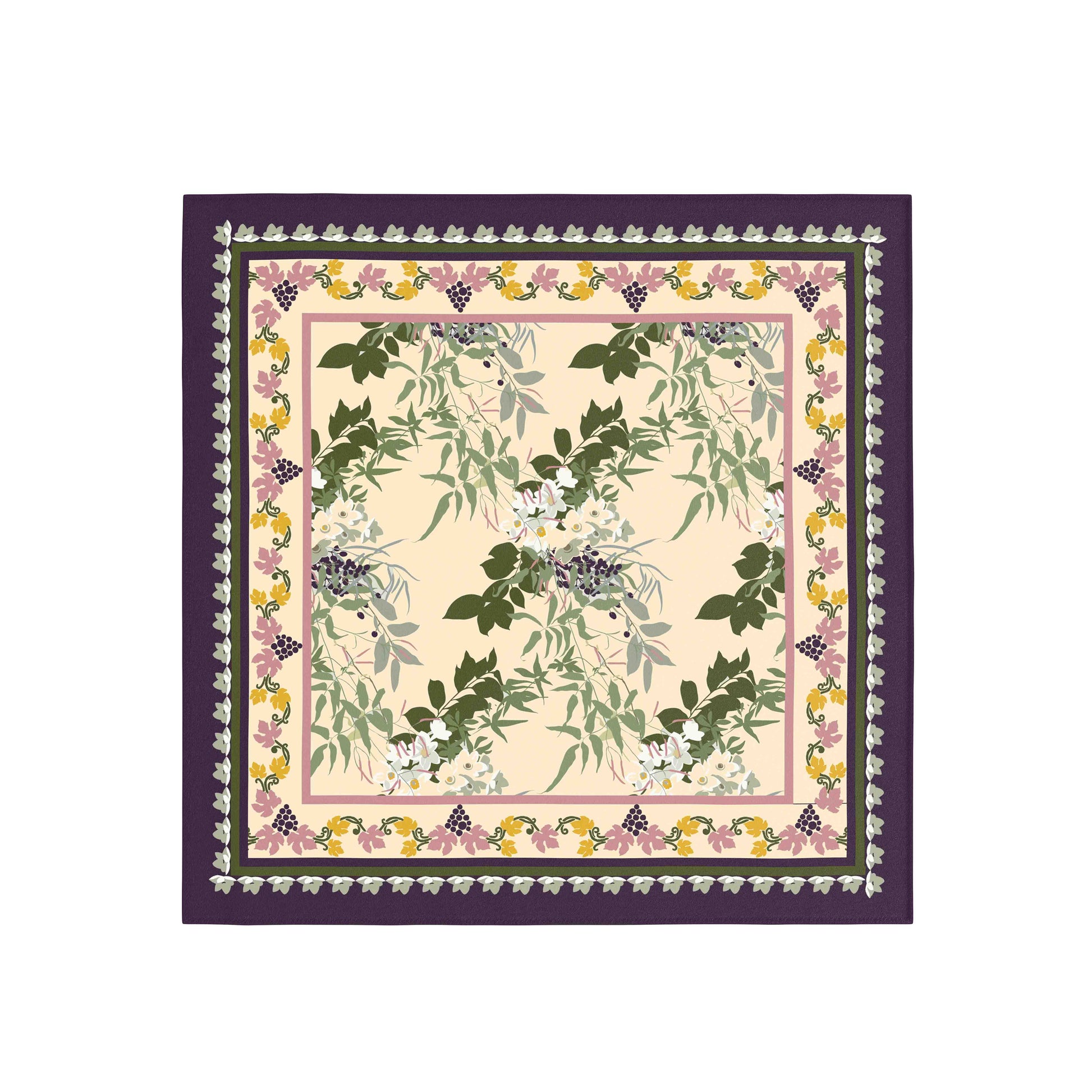 Scarf with floral and leaf pattern on a white background