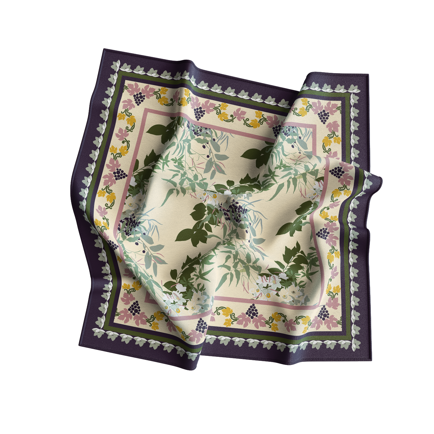 Floral patterned fabric with a purple border on a white background
