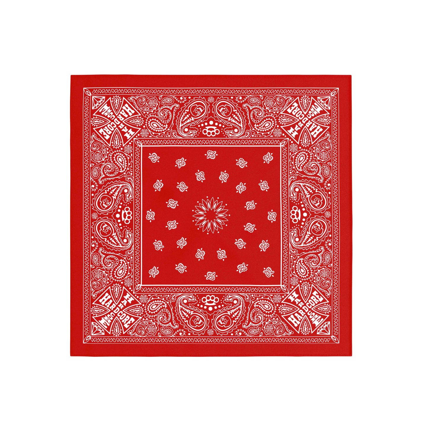 Red bandana with white paisley patterns on a white background