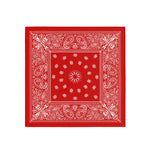 Red bandana with white paisley patterns on a white background