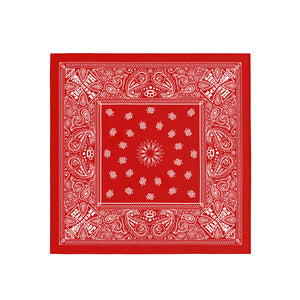 Red bandana with white paisley patterns on a white background