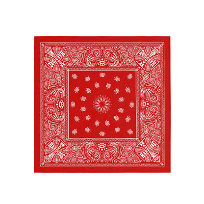 Red bandana with white paisley patterns on a white background