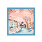 Illustration of a street scene with buildings, trees, and people on a pink background