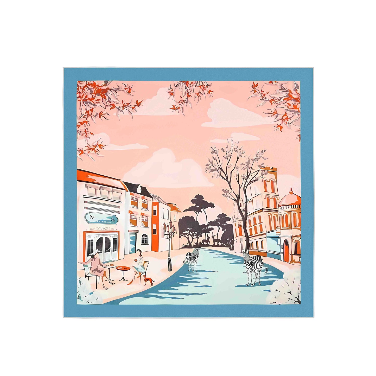 Illustration of a street scene with buildings, trees, and people on a pink background