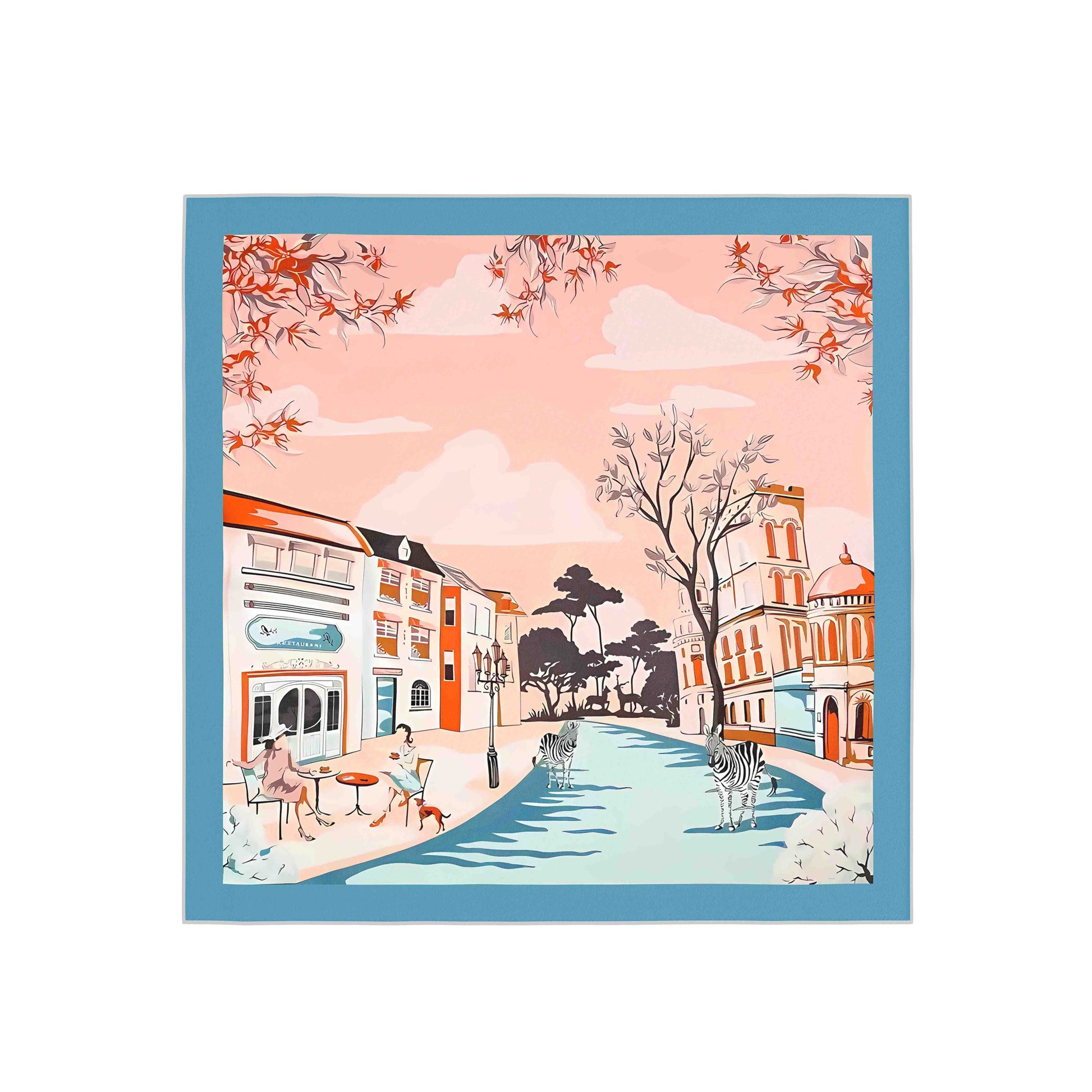 Illustration of a street scene with buildings, trees, and people on a pink background