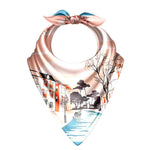Silk scarf with scenic print on a white background