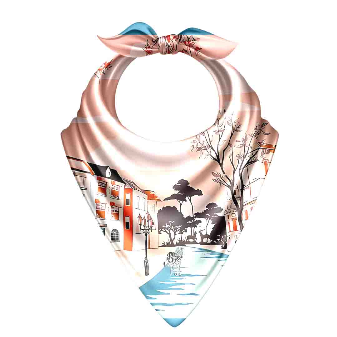 Silk scarf with scenic print on a white background