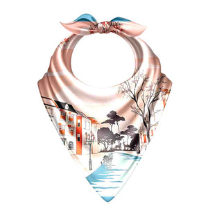 Silk scarf with scenic print on a white background