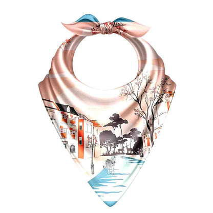 Silk scarf with scenic print on a white background