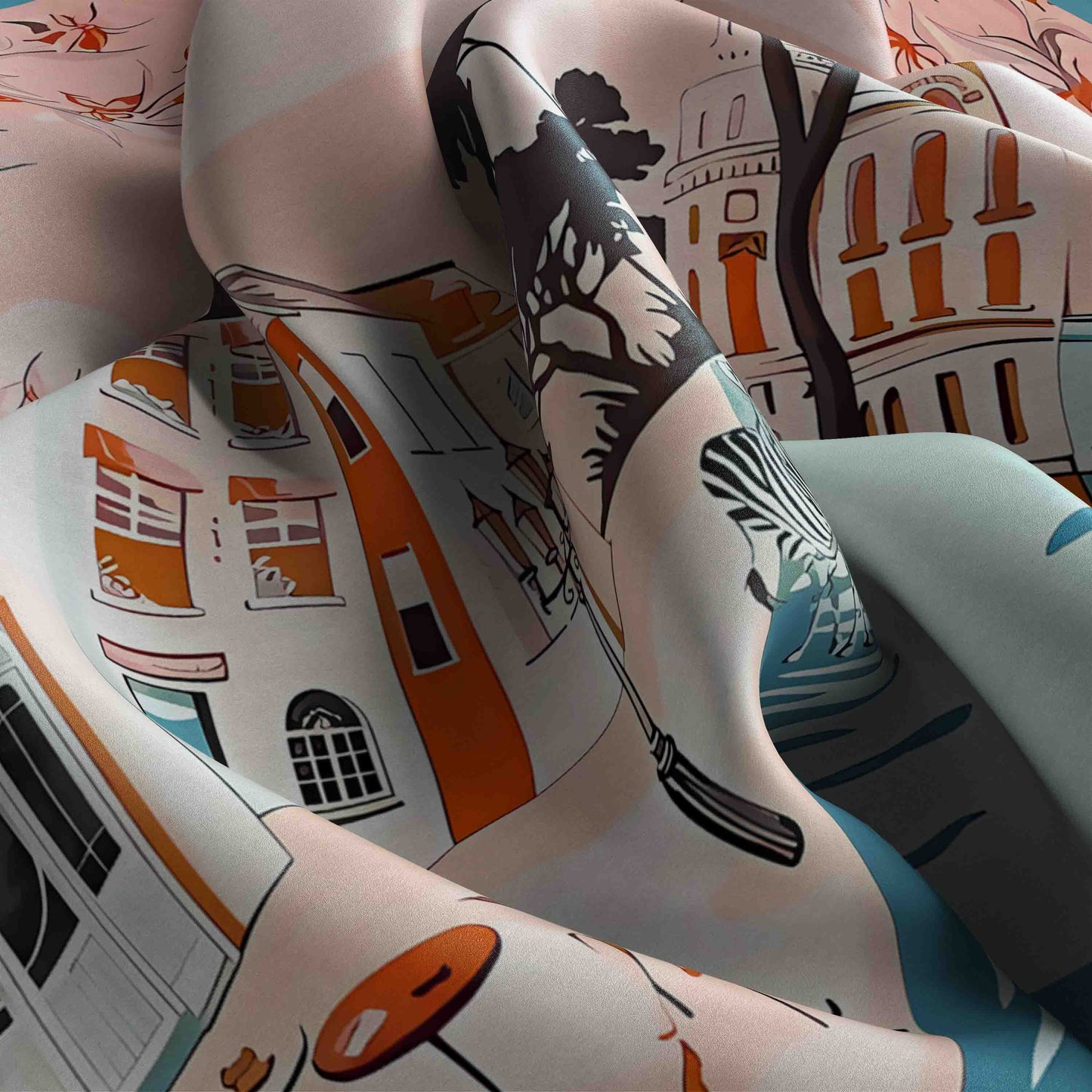 Legs with a detailed cityscape pattern on a white background