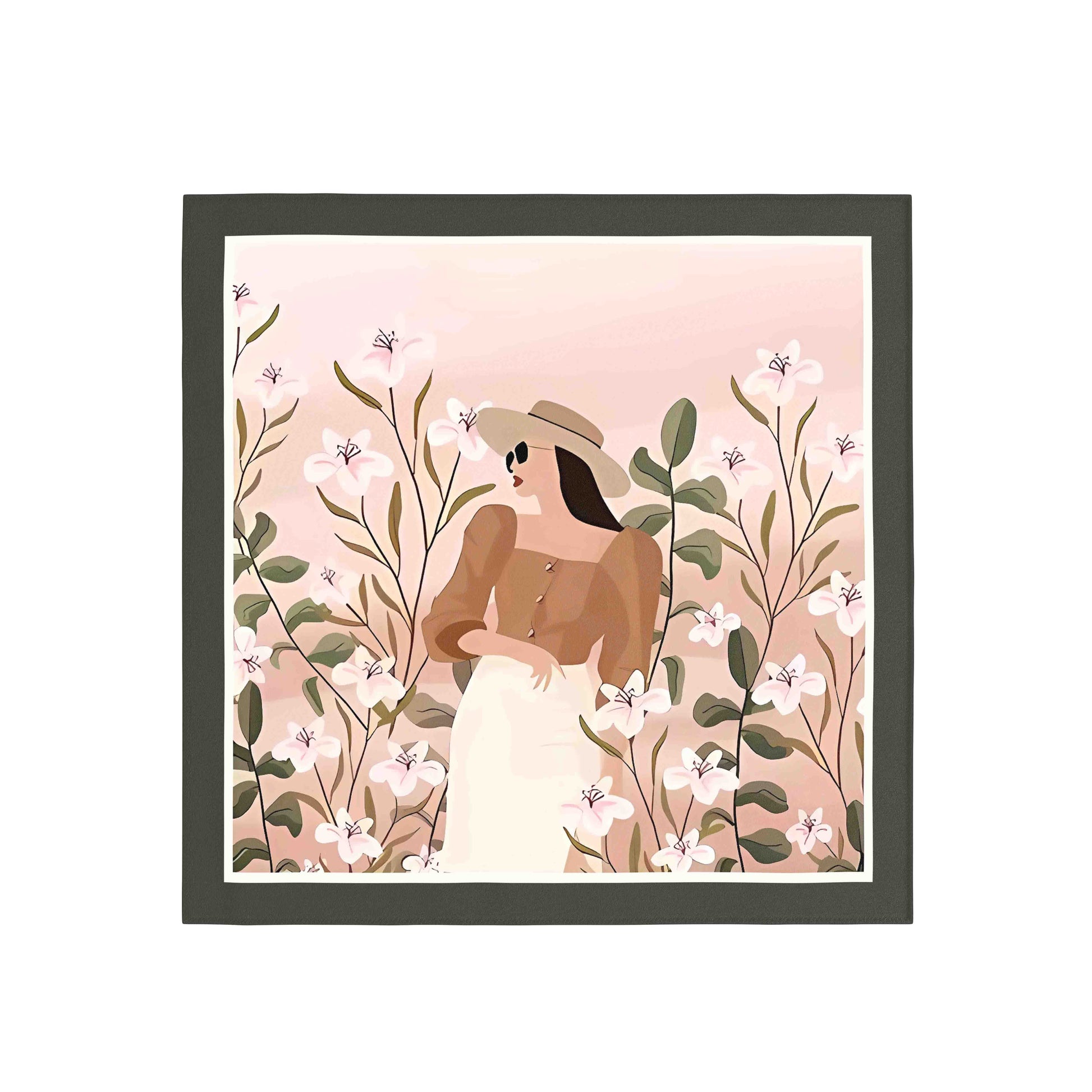 Framed artwork of a woman in a dress and hat surrounded by flowers on a pink background