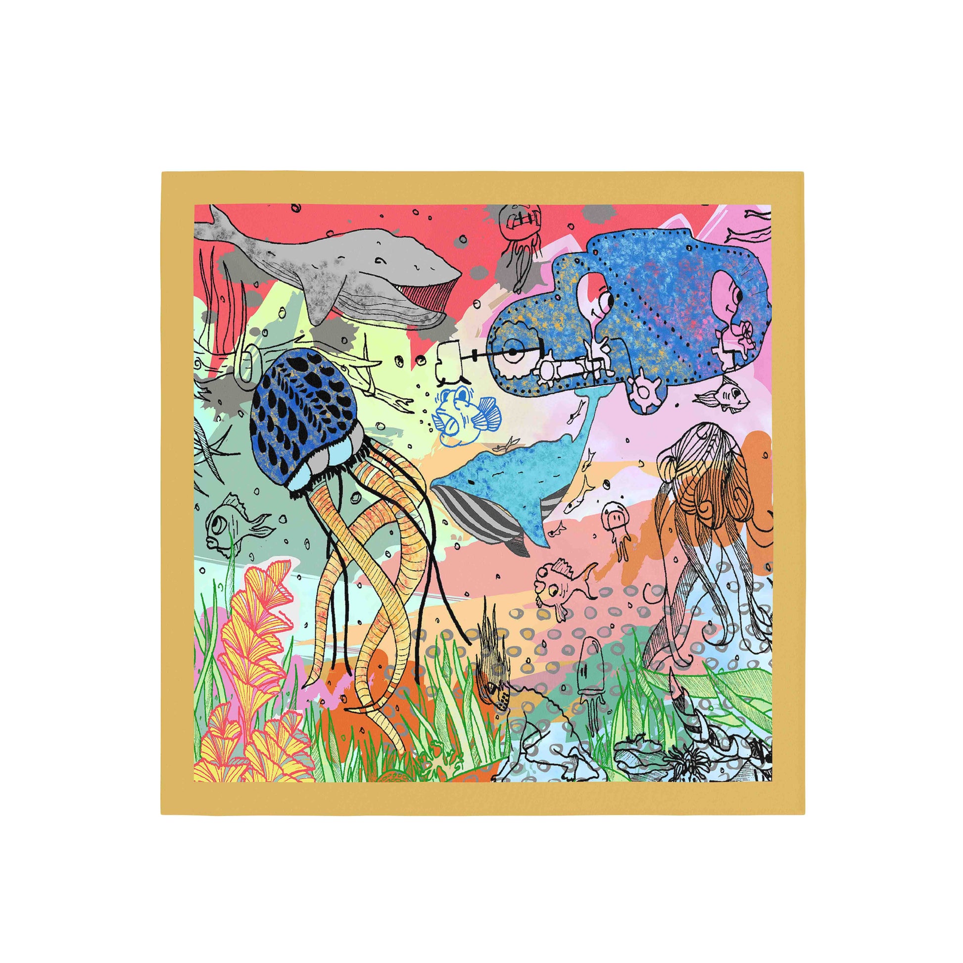 Colorful illustration of marine life with a gold border