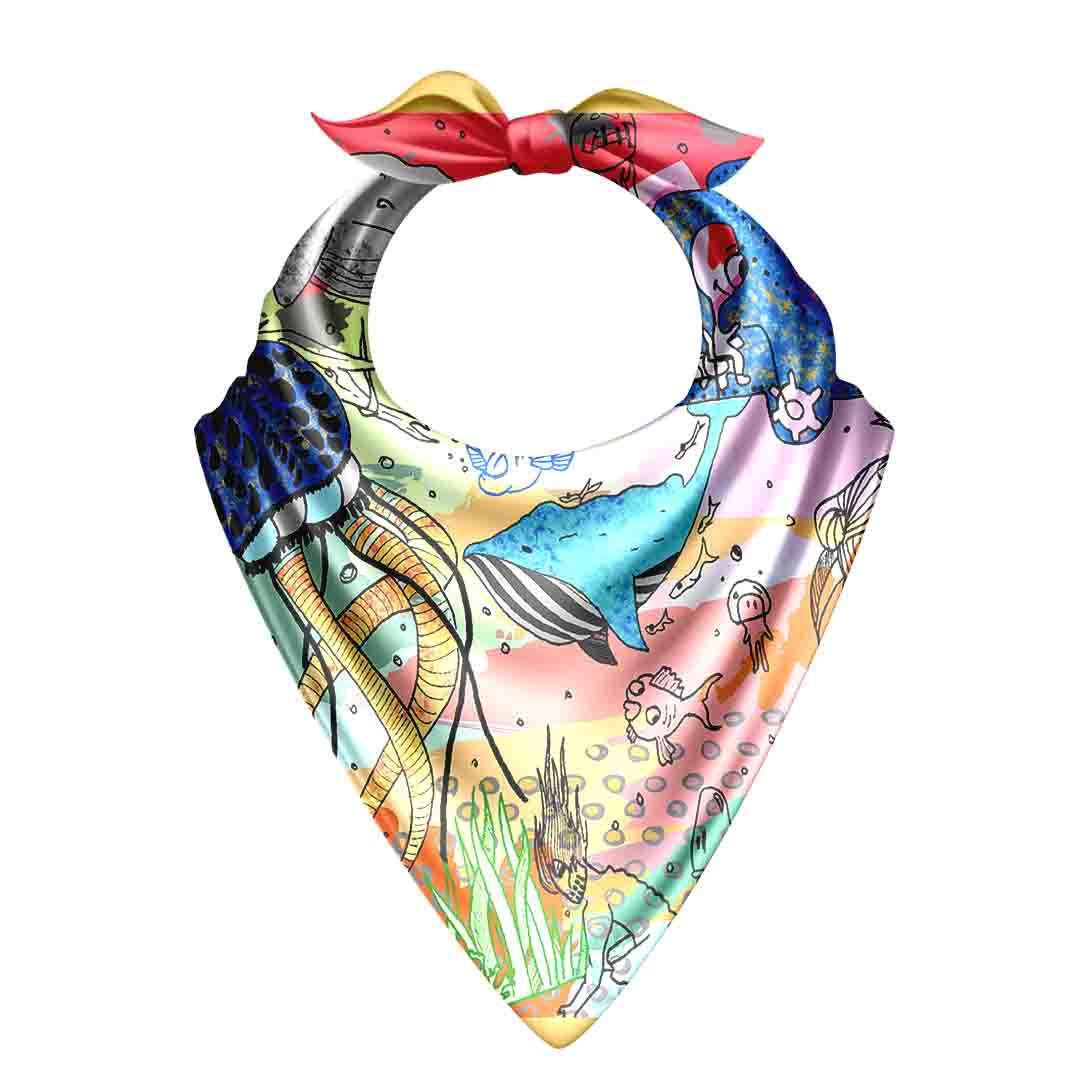 Colorful bandana with underwater-themed design on a white background