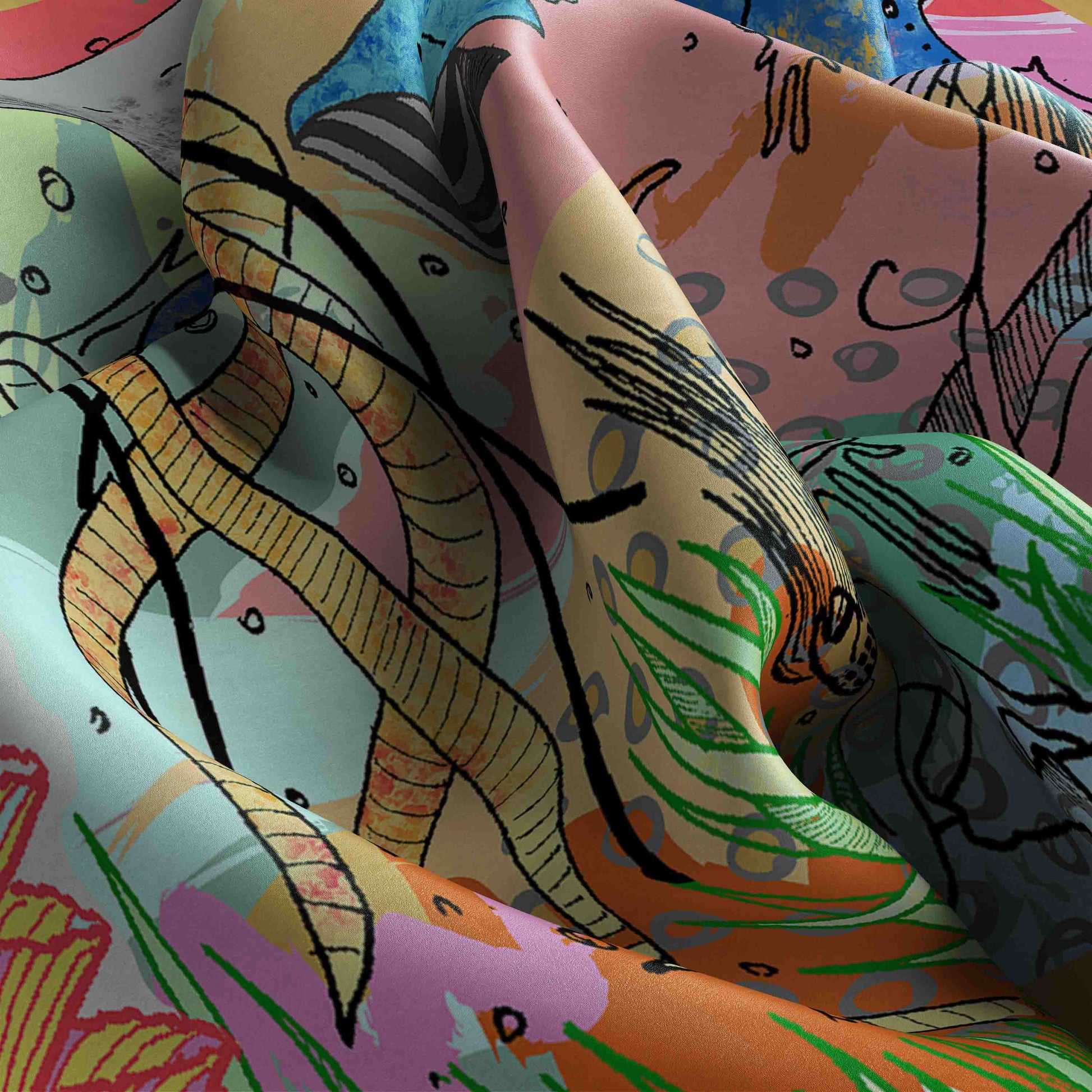 Colorful fabric with abstract designs and patterns