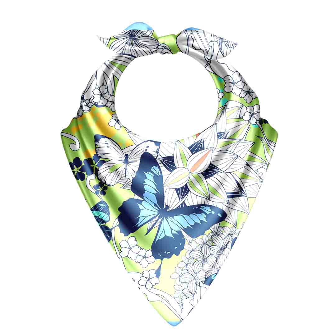 Floral and butterfly patterned headscarf on a white background