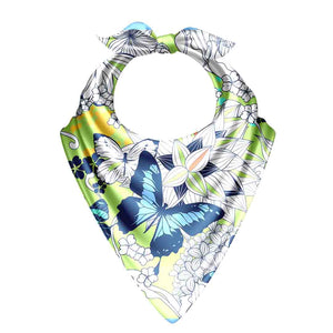 Floral and butterfly patterned headscarf on a white background