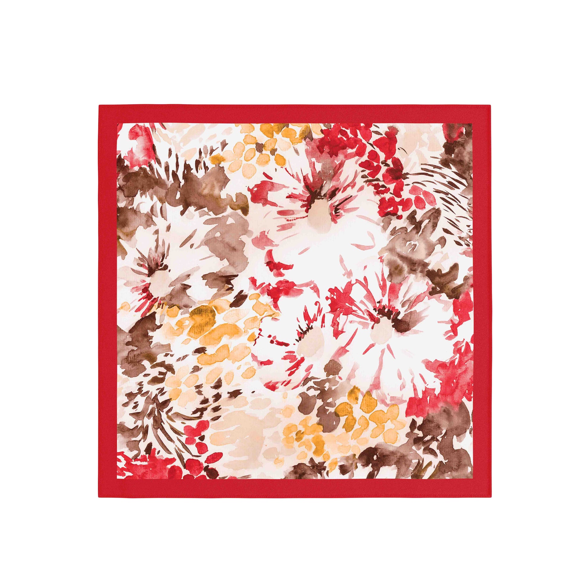 Floral patterned fabric with a red border on a white background
