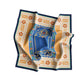 Decorative scarf with floral and geometric patterns on a white background