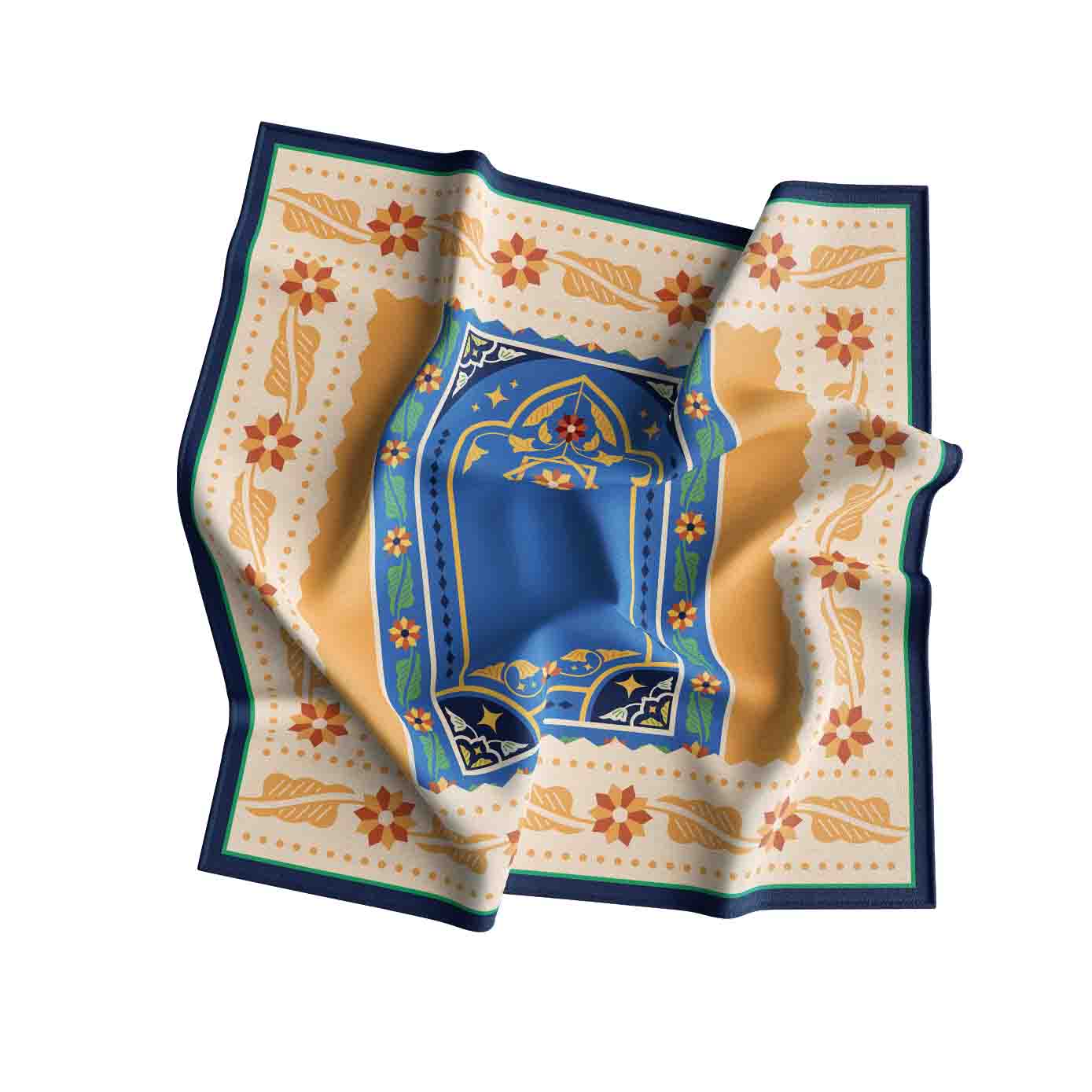 Decorative scarf with floral and geometric patterns on a white background