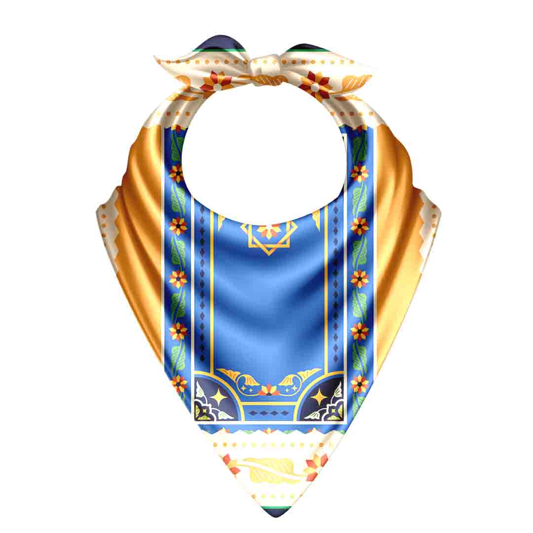 Decorative bandana with blue and gold pattern on a white background