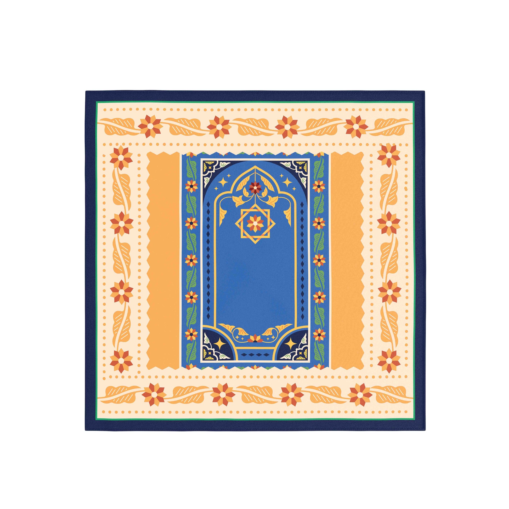 Decorative mat with blue central design and floral border on a white background