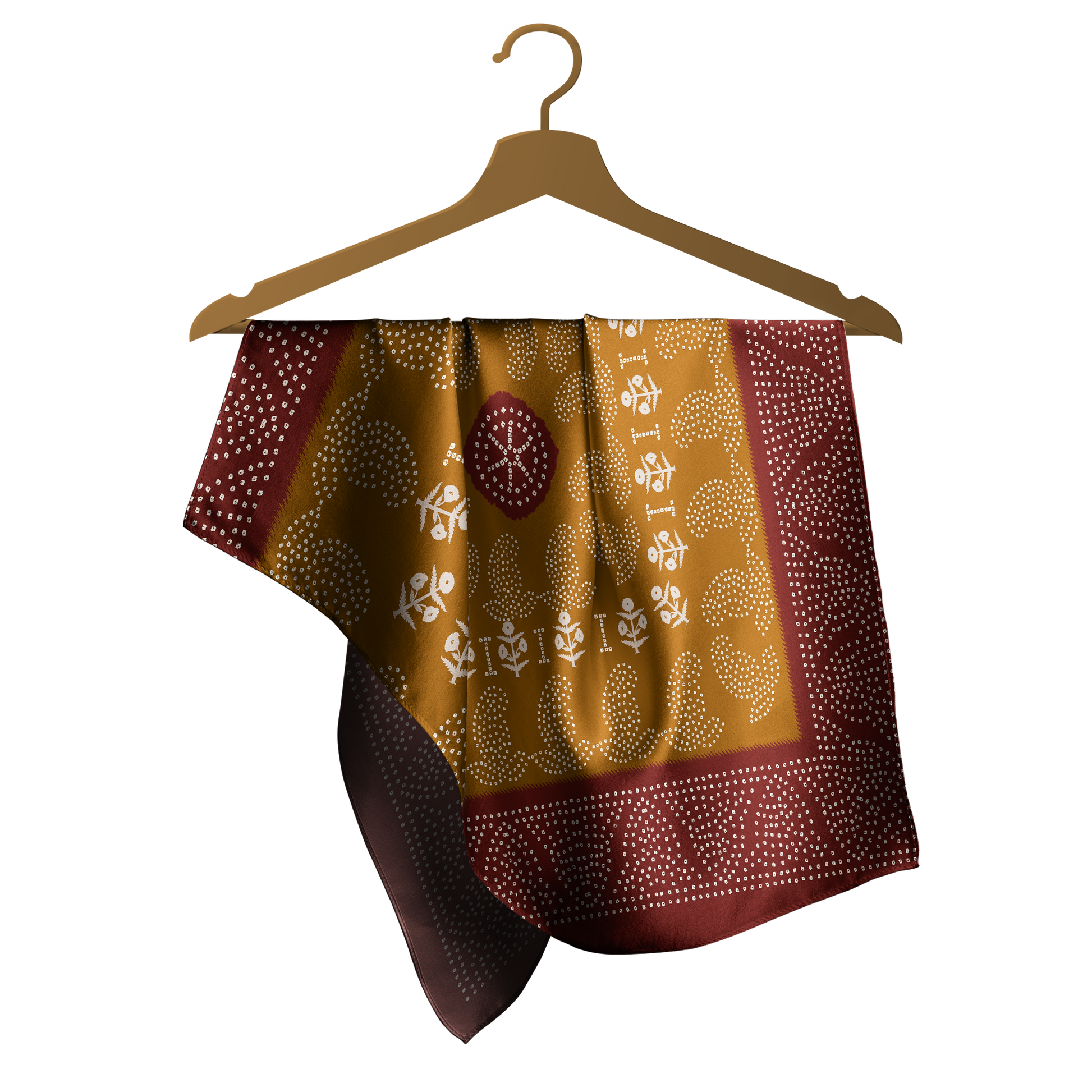 Patterned scarf on a wooden hanger against a white background