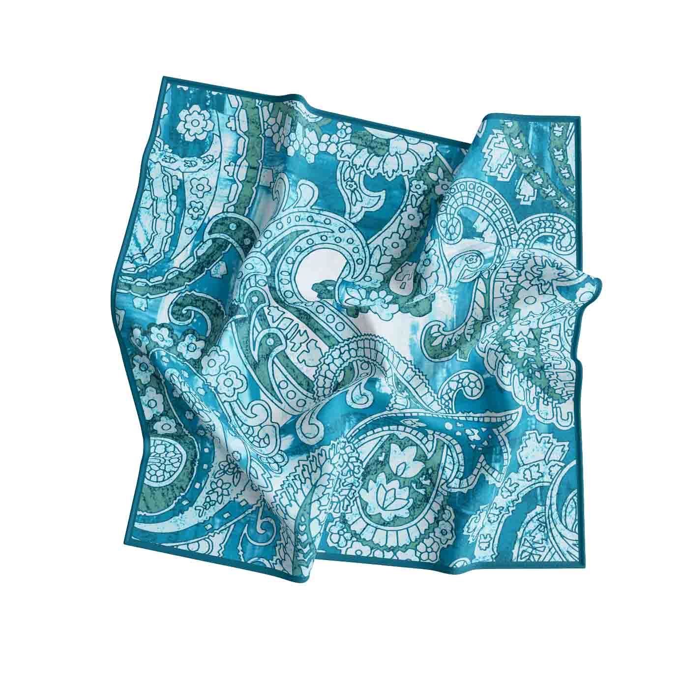 Teal and white paisley patterned fabric on a white background