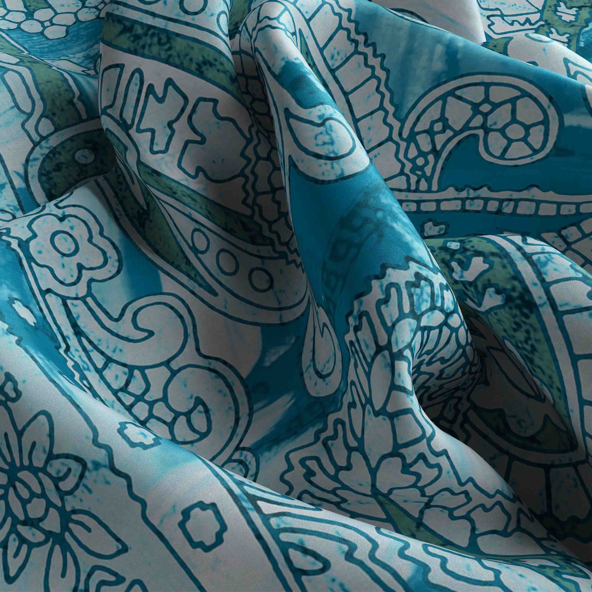 Close-up of blue and white patterned fabric
