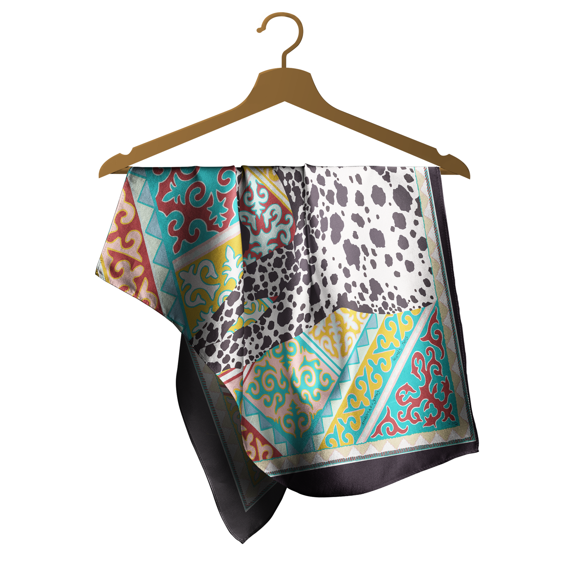 Colorful patterned scarf on a wooden hanger against a white background