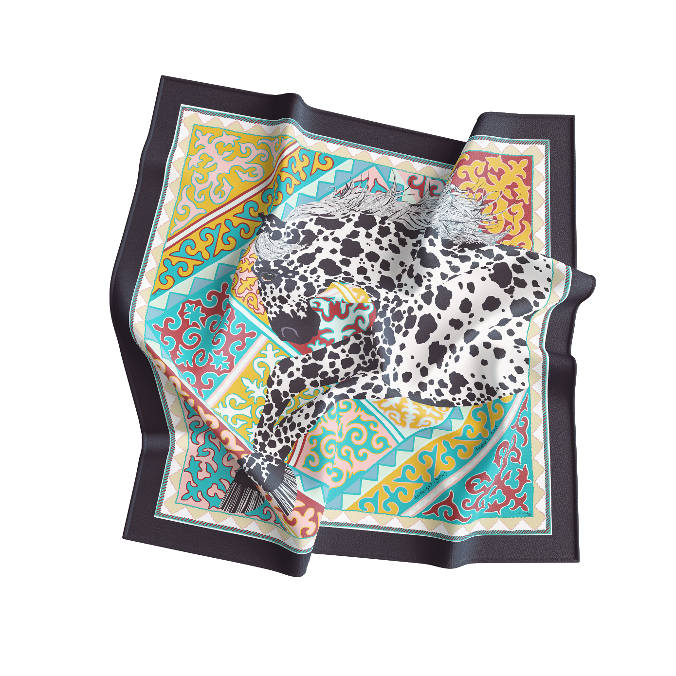 Colorful patterned scarf with a Dalmatian dog design on a white background
