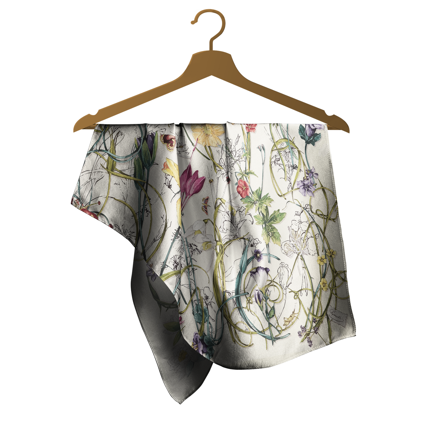 Floral-patterned scarf on a wooden hanger against a white background