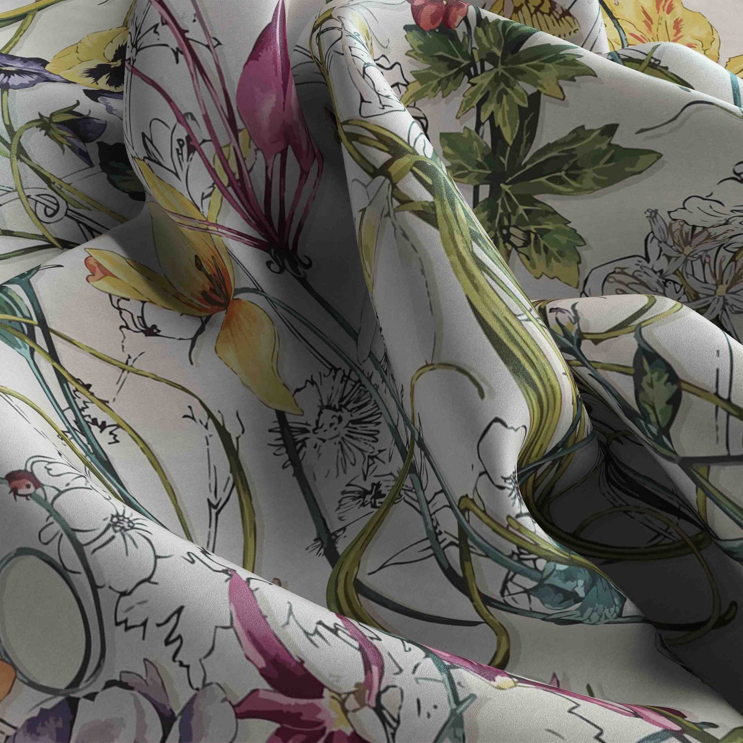 Close-up of floral fabric with colorful flowers on a white background