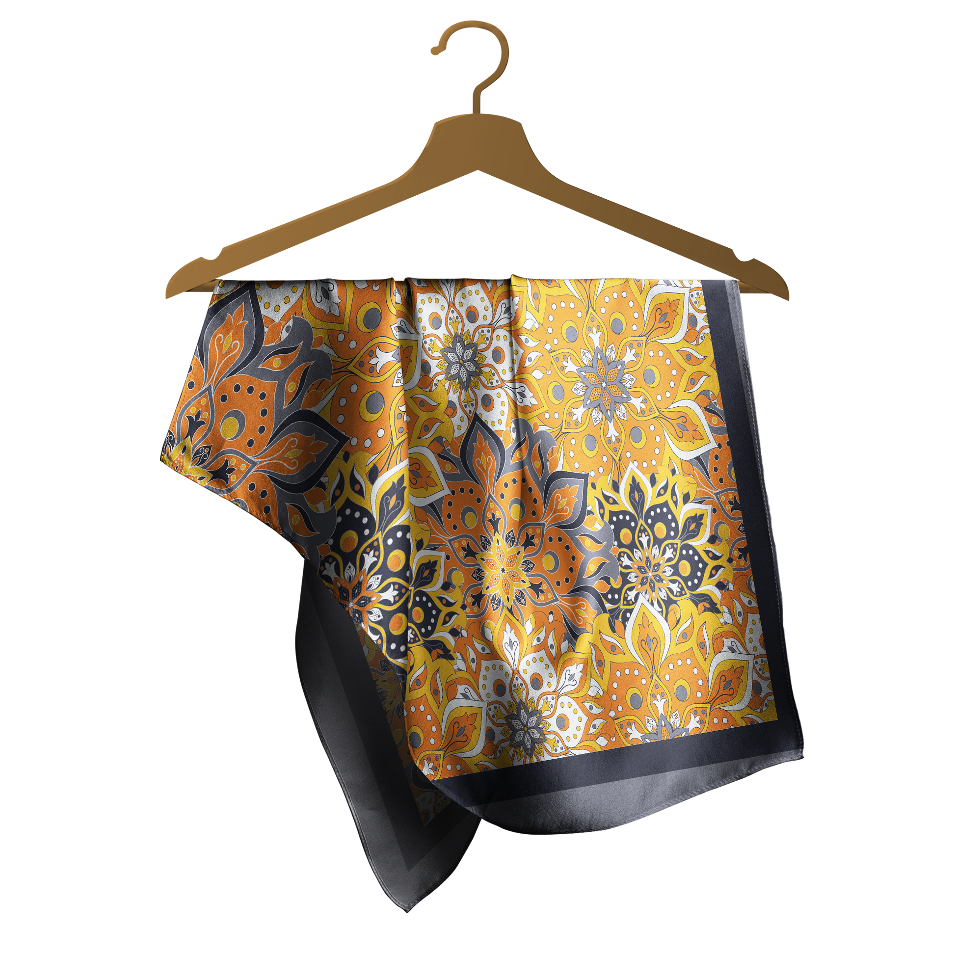 Patterned fabric on a wooden hanger against a white background