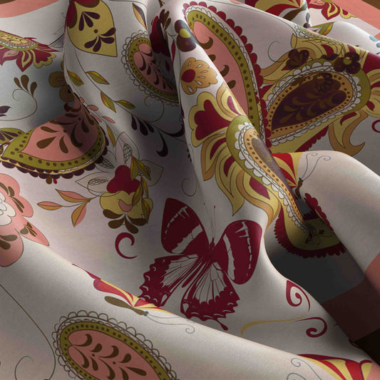 Close-up of colorful fabric with intricate patterns on a white background