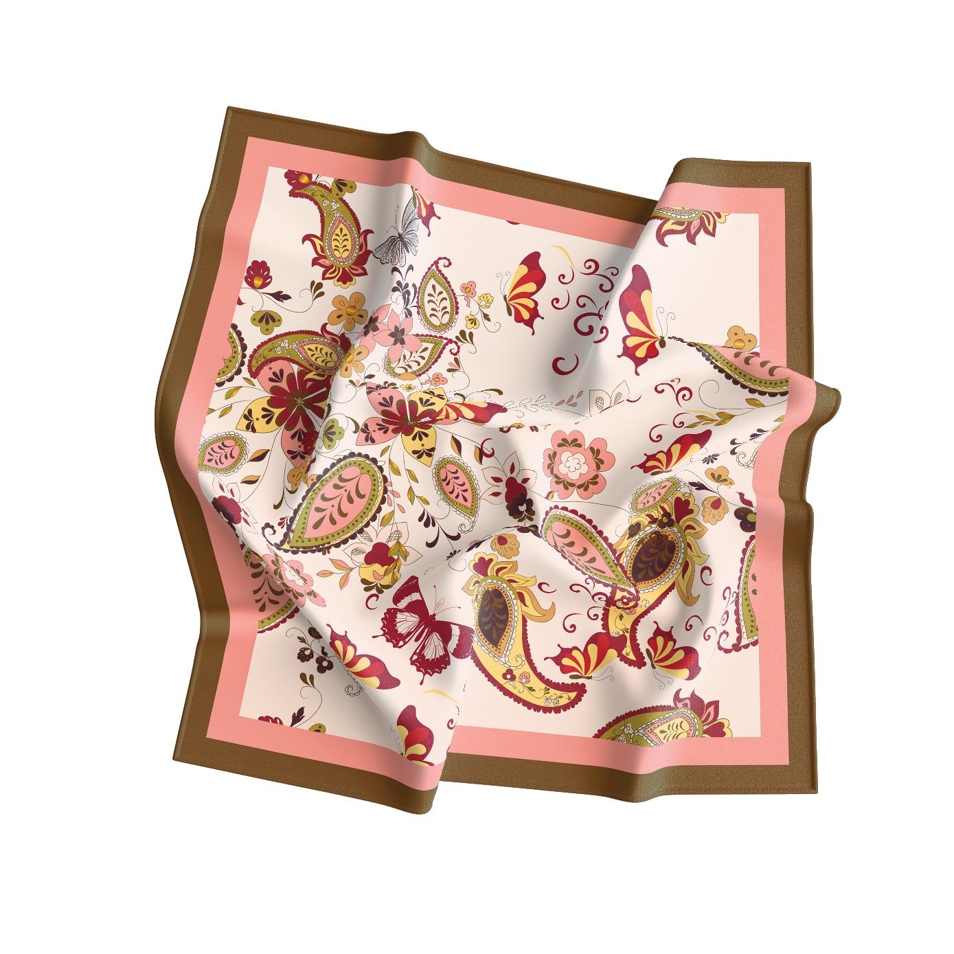 Folded scarf with a colorful paisley pattern on a white background