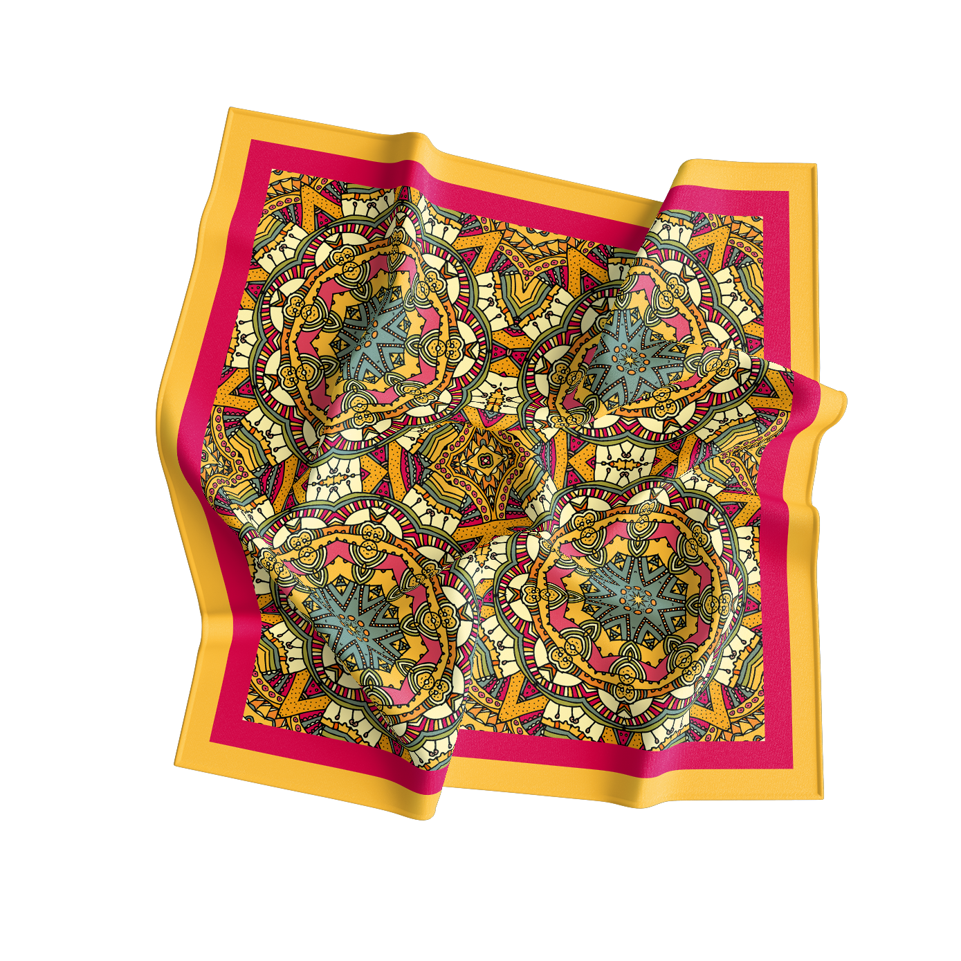 Colorful patterned scarf with pink border on a white background