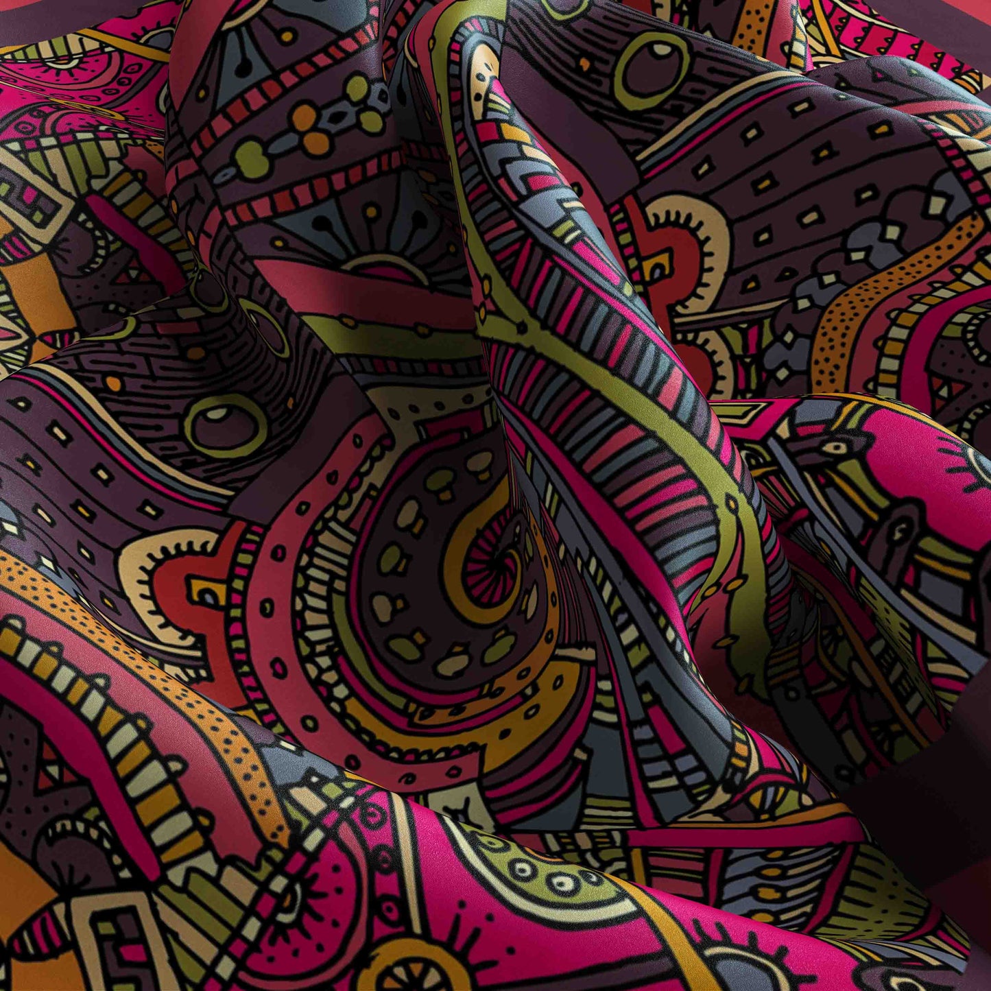 Close-up of a fabric with a vibrant, multicolored pattern.