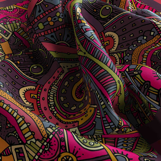 Close-up of a fabric with a vibrant, multicolored pattern.