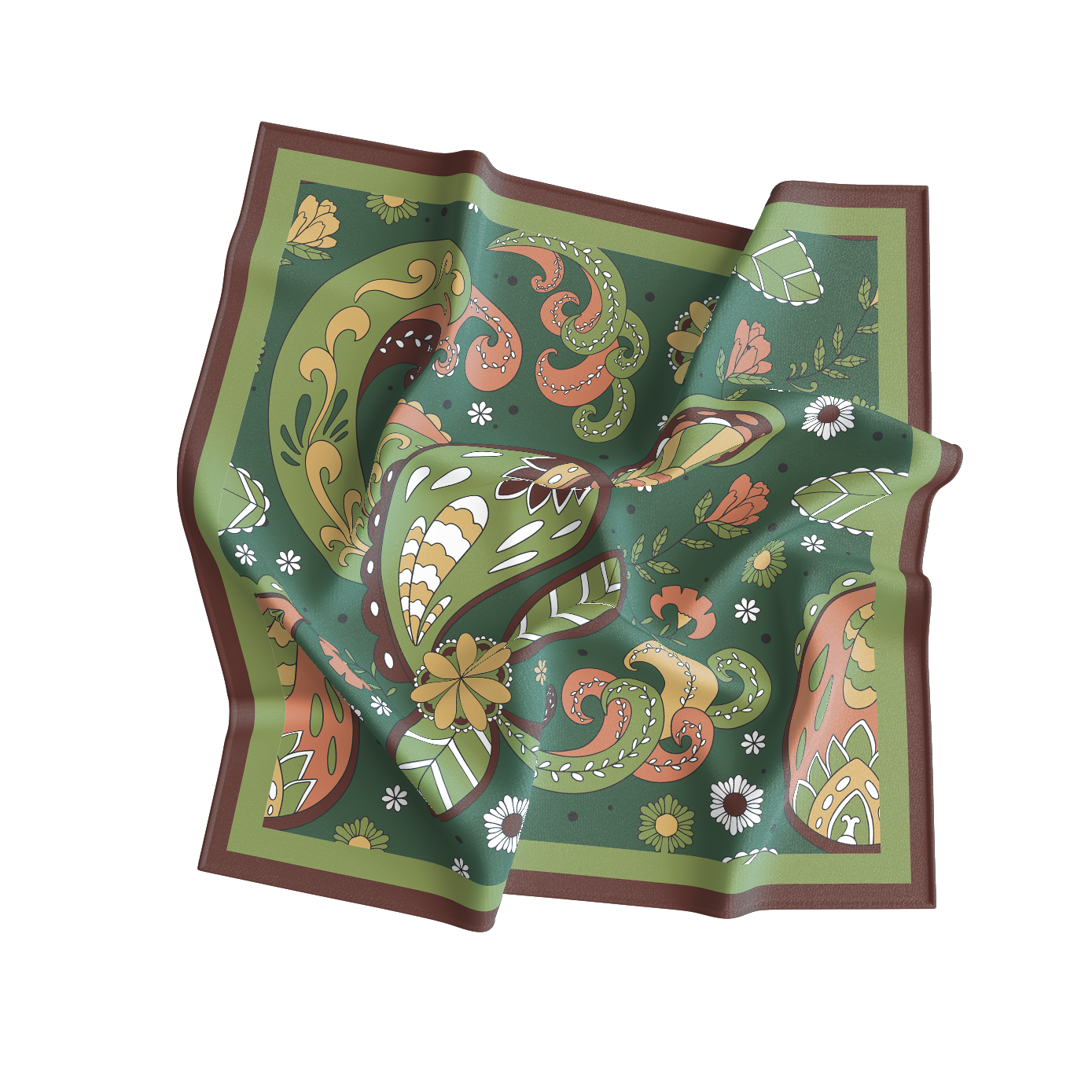 Green patterned scarf with brown border on a white background