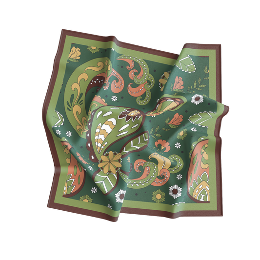 Green patterned scarf with brown border on a white background