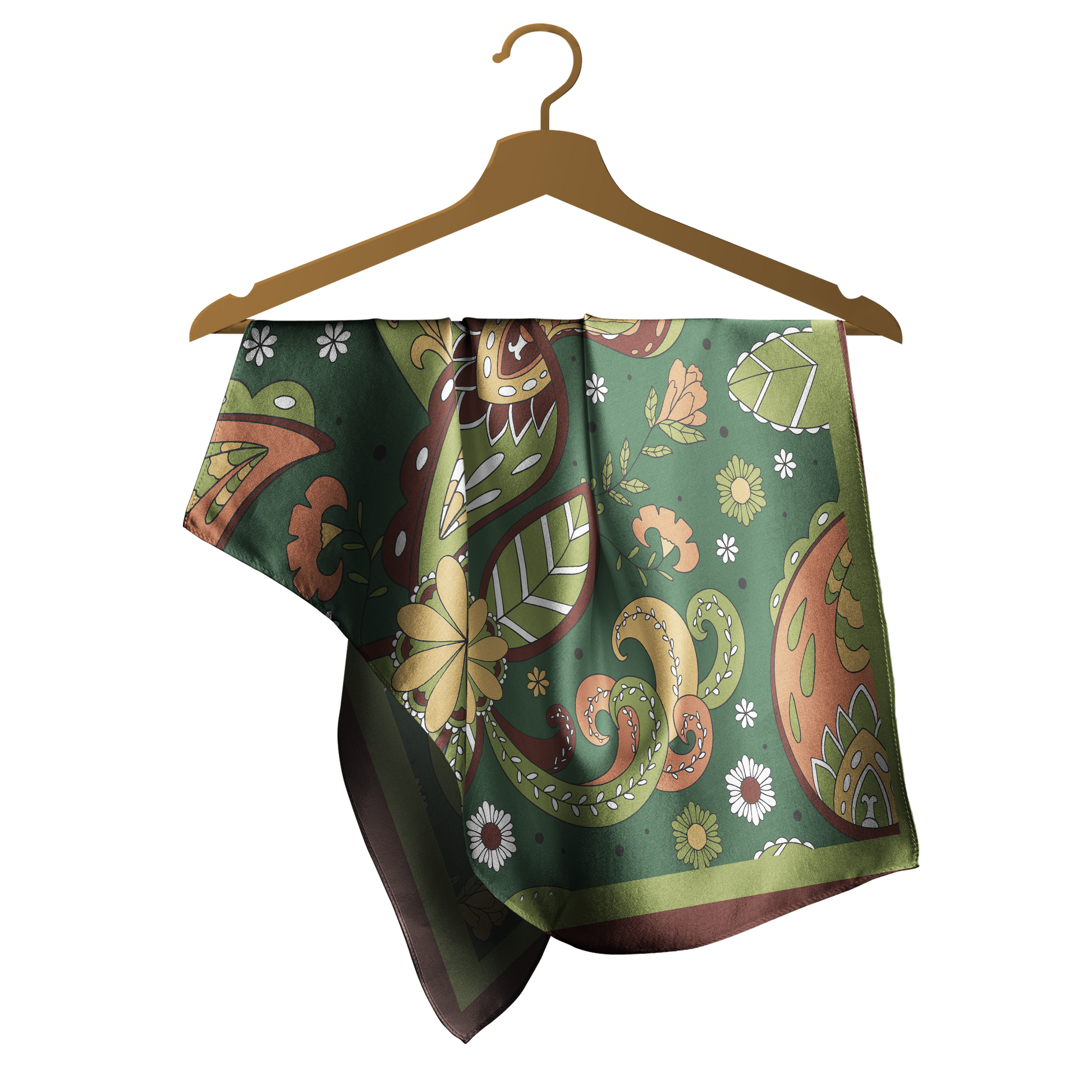 Colorful patterned scarf on a wooden hanger against a white background