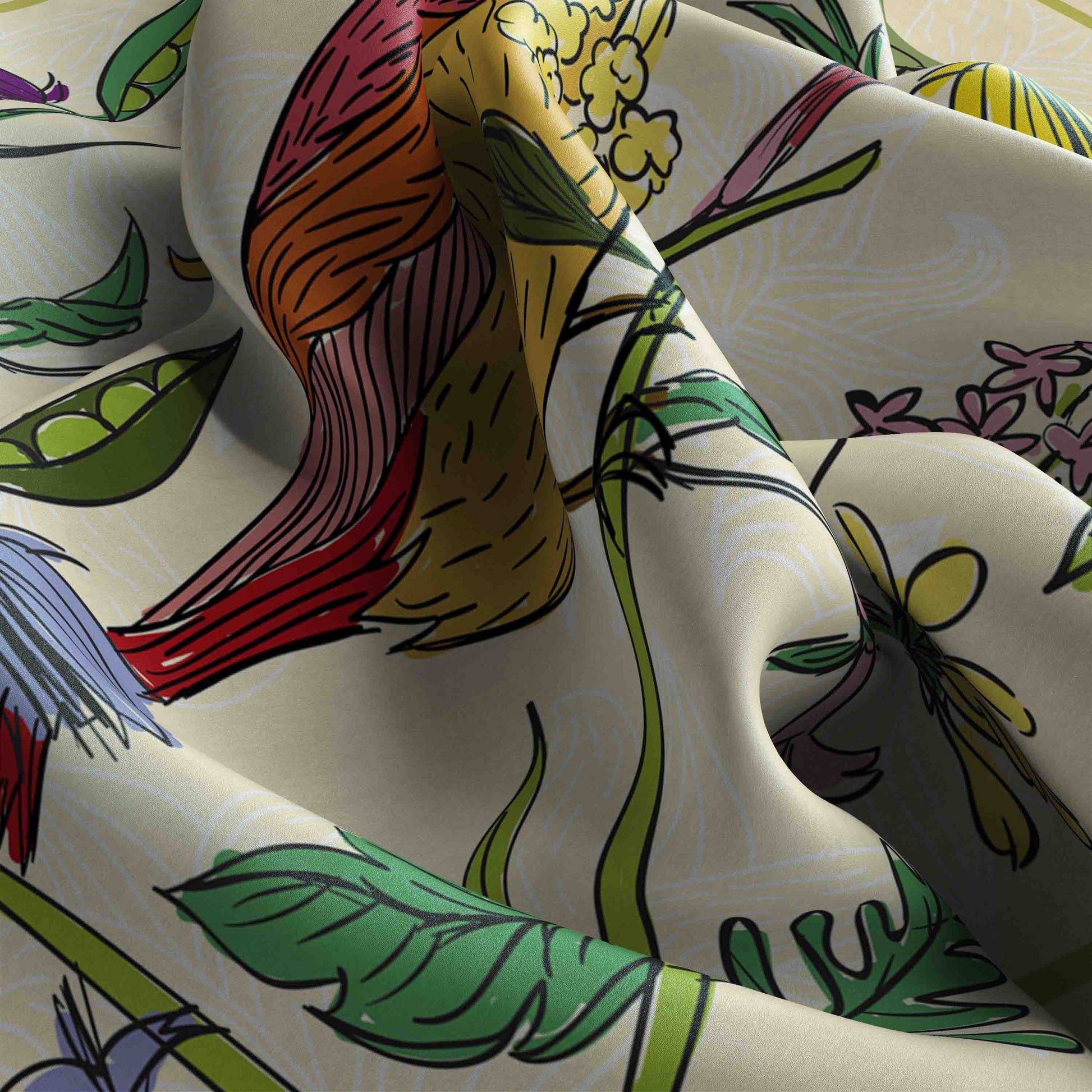 Close-up of fabric with colorful floral and leaf pattern