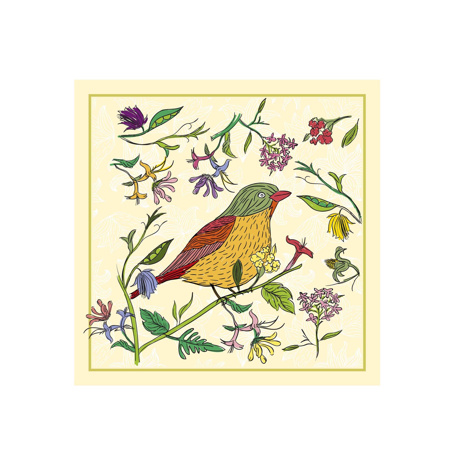 Colorful illustration of a bird and flowers on a beige background
