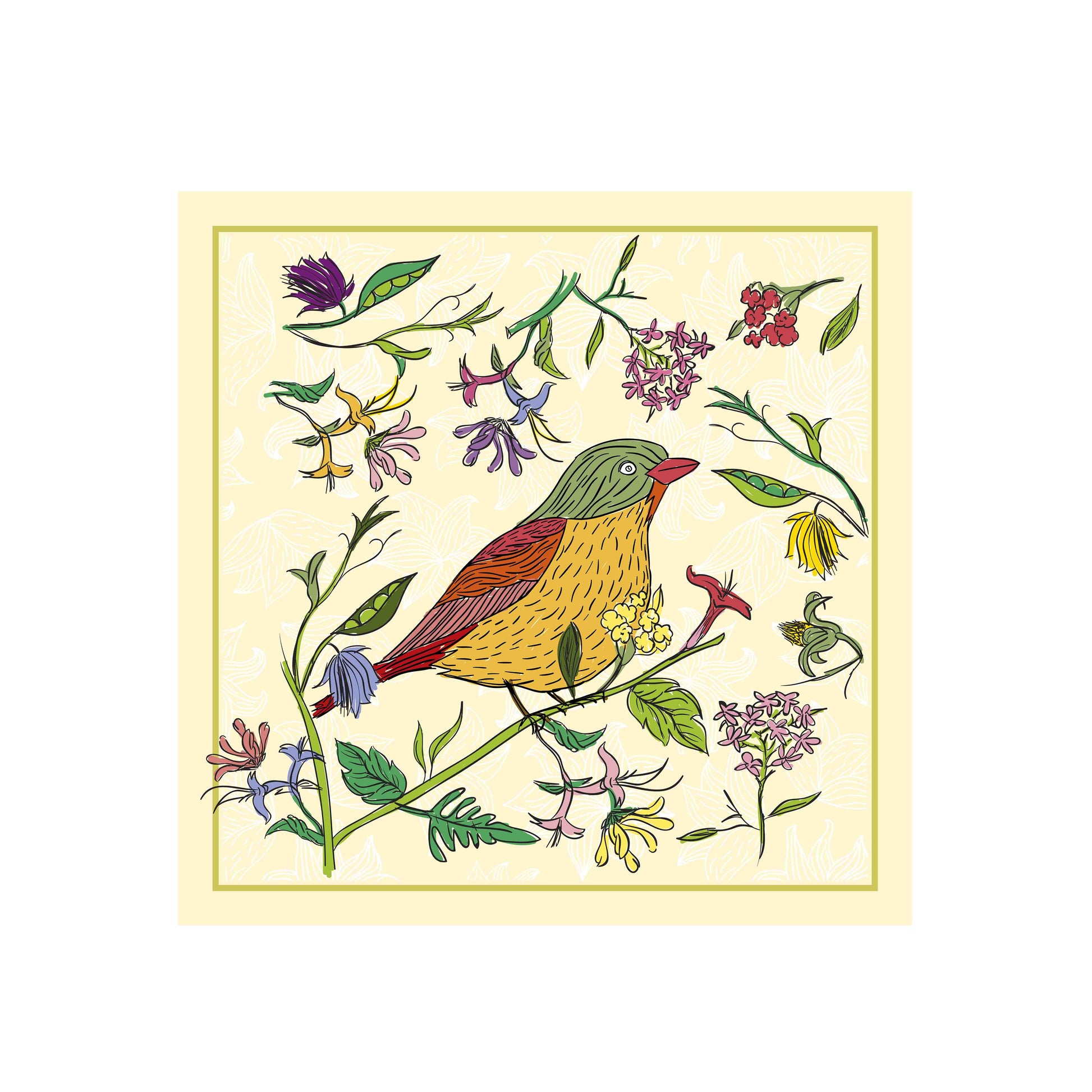 Colorful illustration of a bird and flowers on a beige background