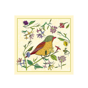 Colorful illustration of a bird and flowers on a beige background